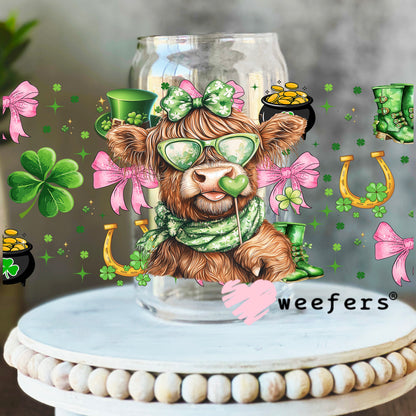 Bougee Coquette Highlander Cow St Patrick's Day UV DTF Cup Wrap 16oz Libbey Glass Original Size Weefers