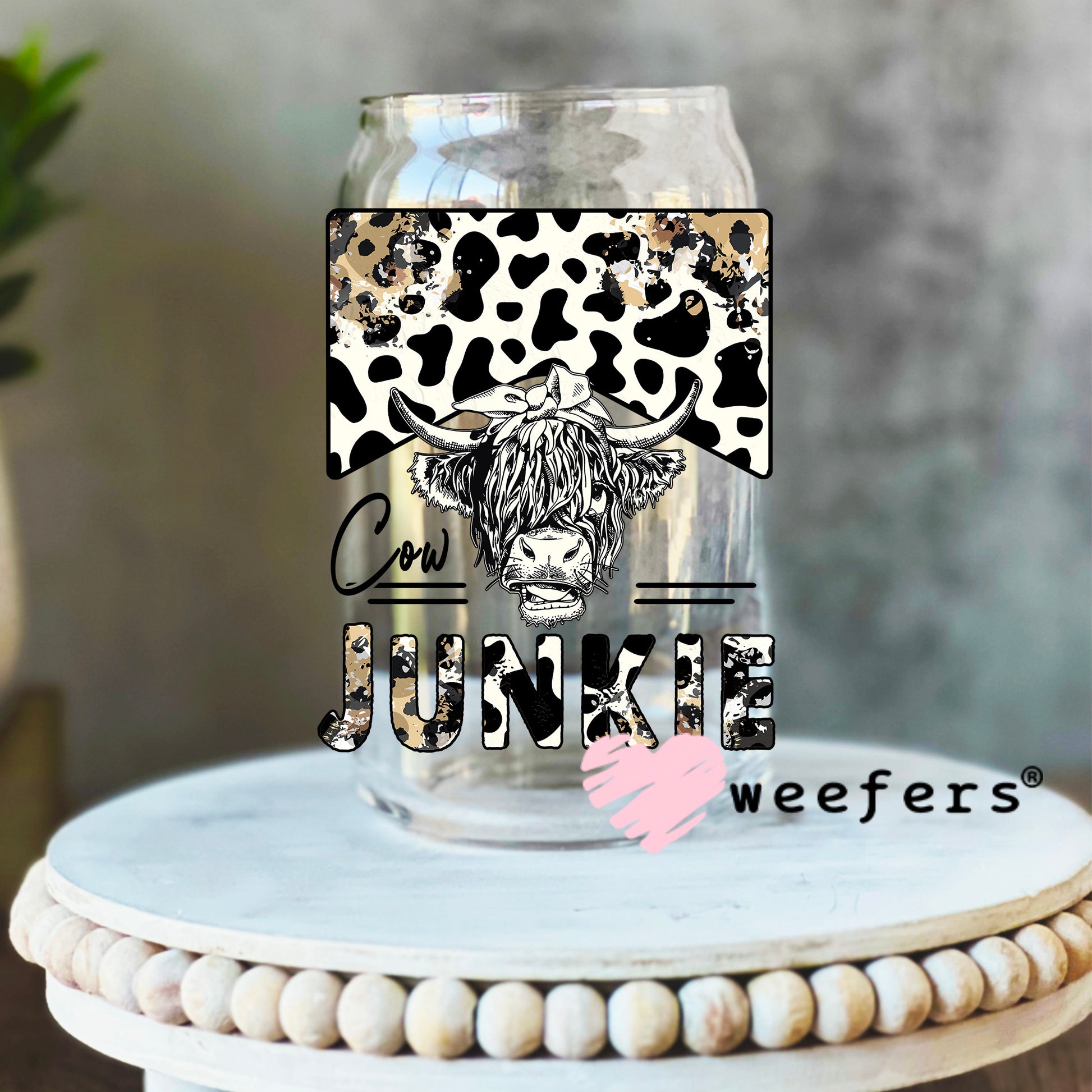 Cow Junkie Leopard UV DTF Decal 16oz Libbey Glass Original Size Weefers