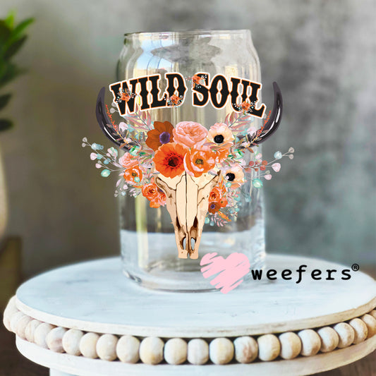 Wild Soul Cow Skull Peach UV DTF Decal 16oz Libbey Glass Original Size Weefers