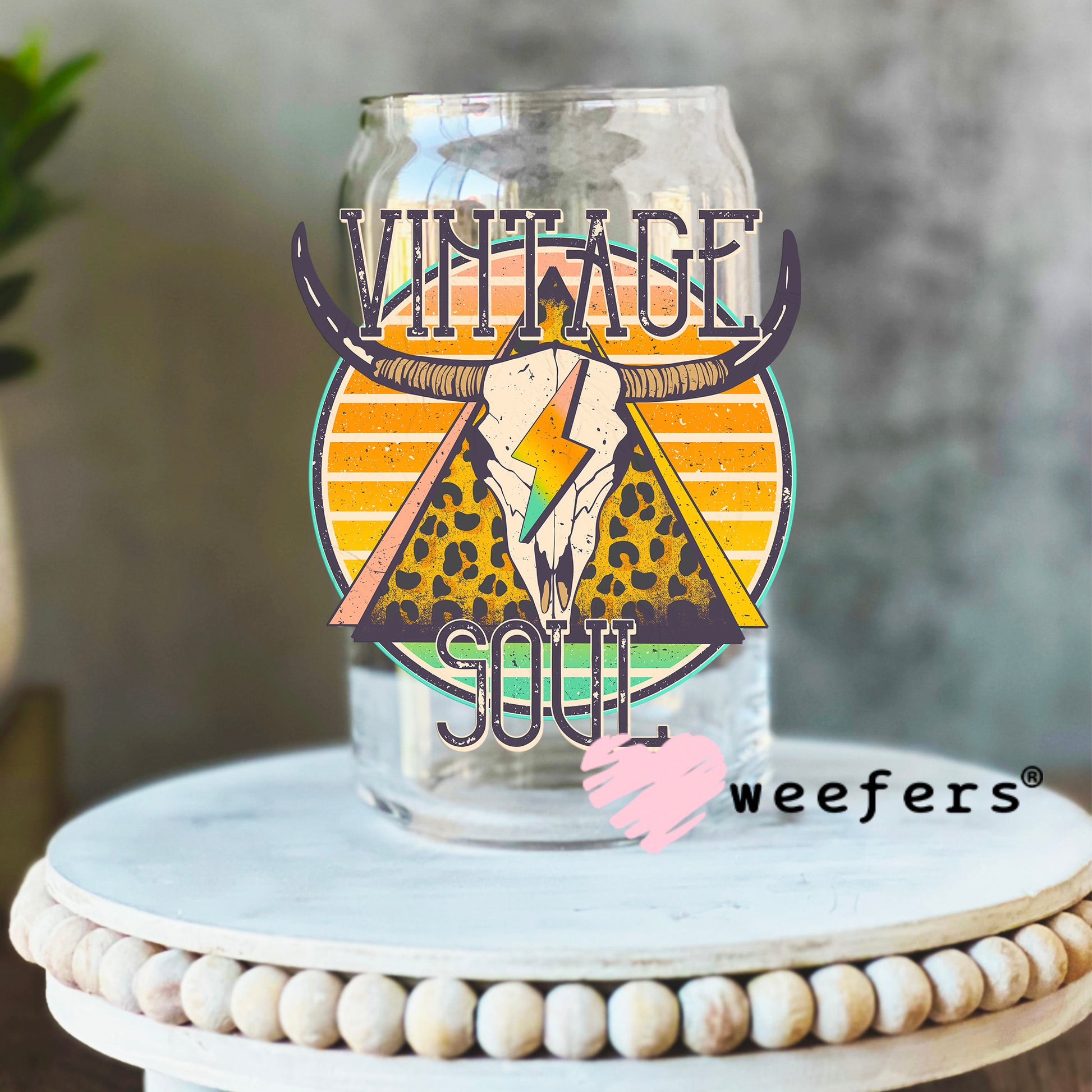 Vintage Soul Cow Skull Sun UV DTF Decal 16oz Libbey Glass Original Size Weefers