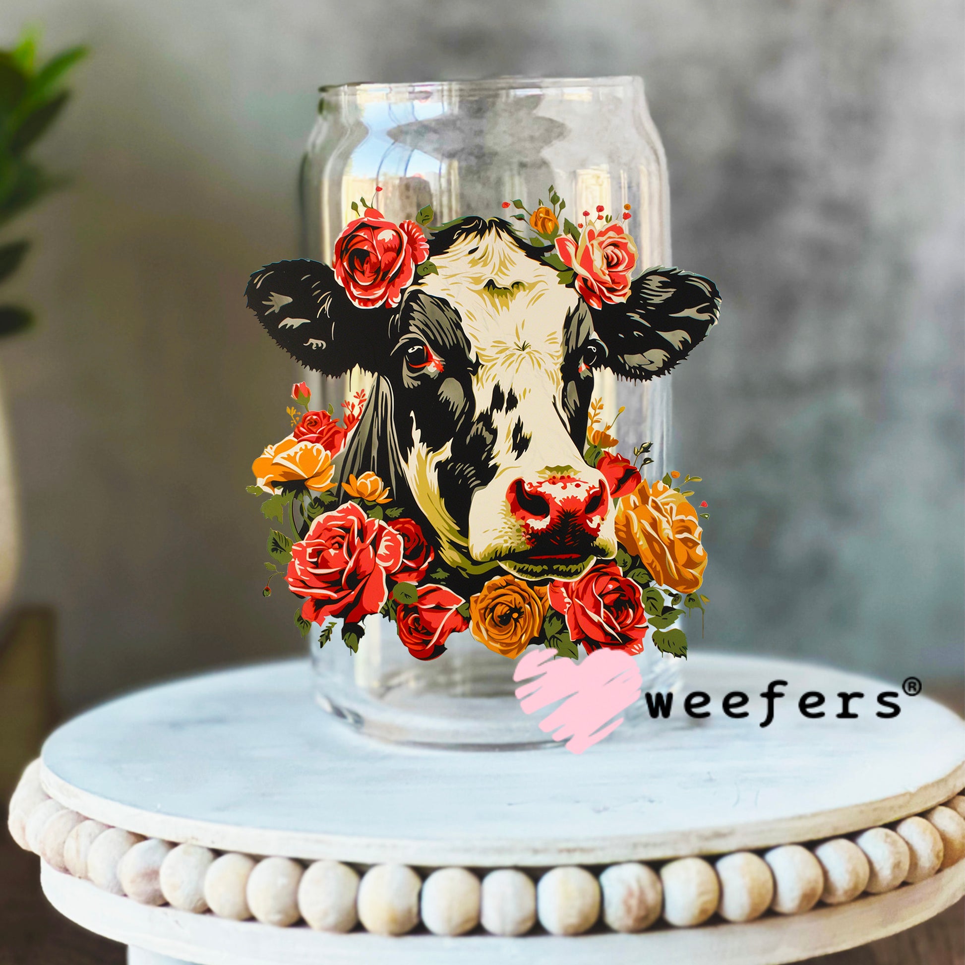 Flower Dairy Cow UV DTF Decal 16oz Libbey Glass Original Size Weefers