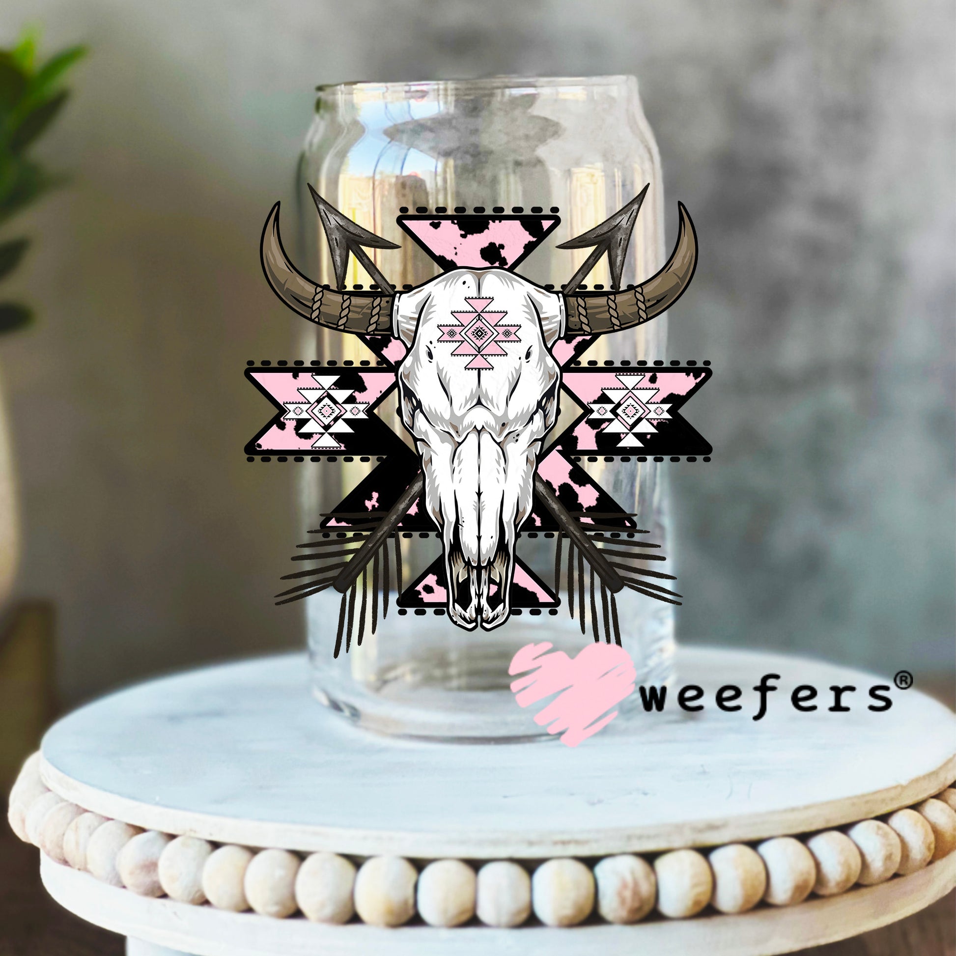 Pink Aztec Cow Skull UV DTF Decal 16oz Libbey Glass Original Size Weefers