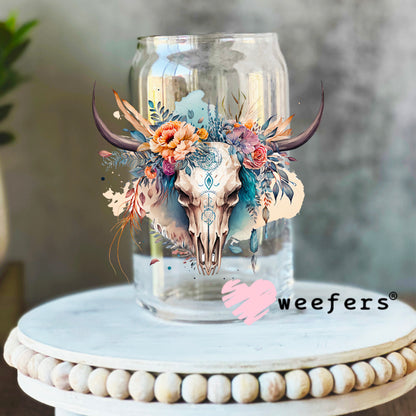 Blue Watercolor Cow Skull Western UV DTF Decal 16oz Libbey Glass Original Size Weefers