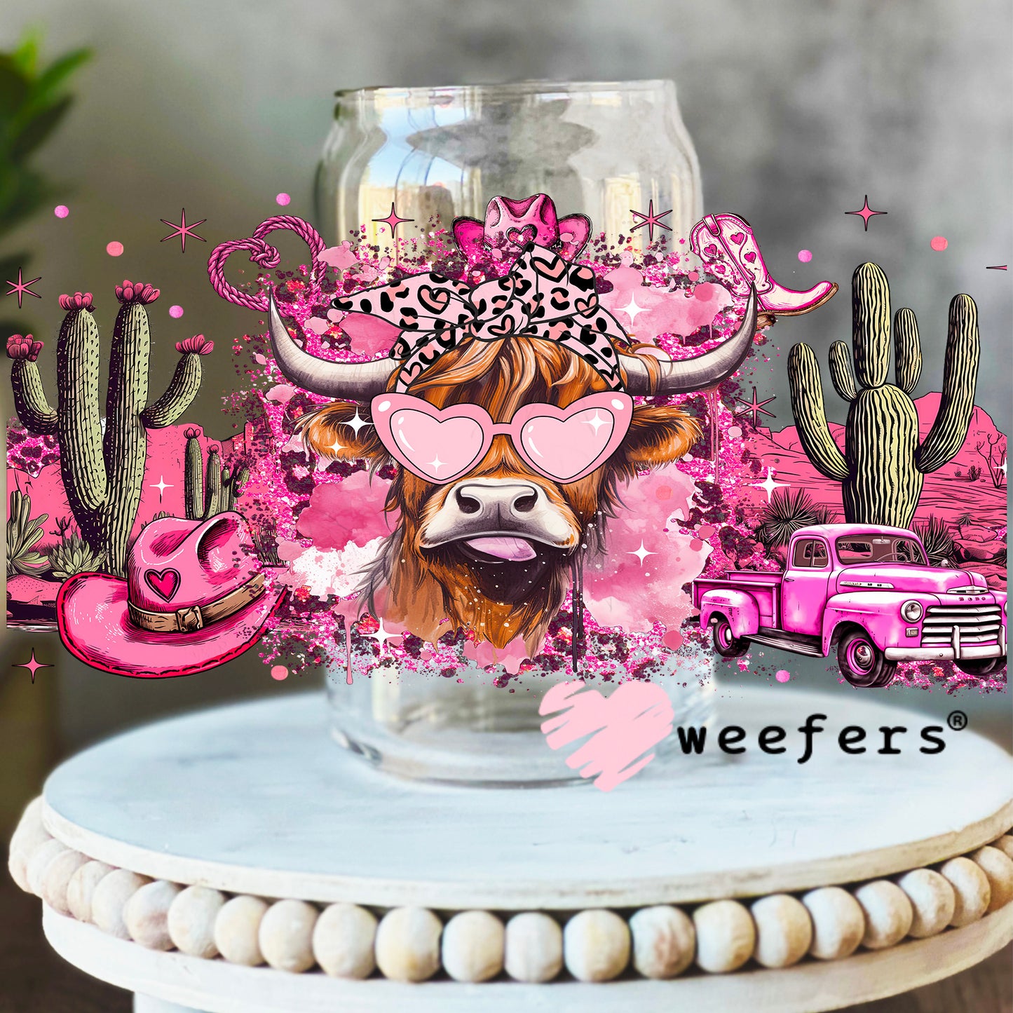 Bougie Pink Highlander Cow UV DTF Cup Wrap 16oz Libbey Glass Original Size Weefers