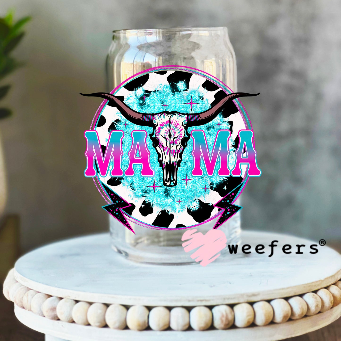 Mama Teal Cow Print Western UV DTF Decal 16oz Libbey Glass Original Size Weefers