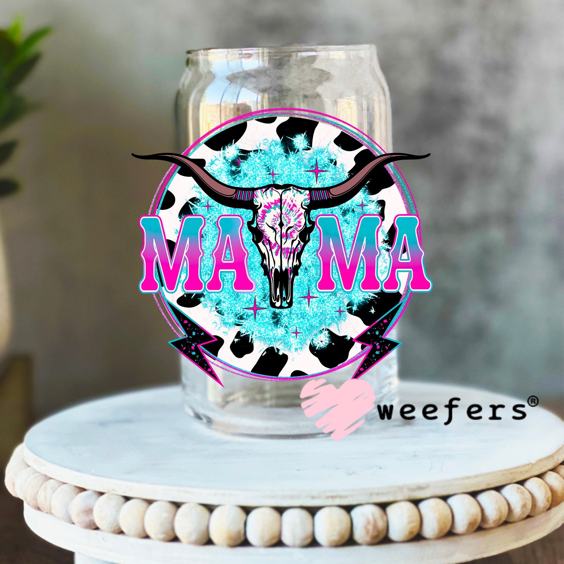 Mama Teal Cow Print Western UV DTF Decal 16oz Libbey Glass Original Size Weefers