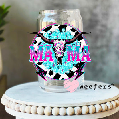 Mama Teal Cow Print Western UV DTF Decal 16oz Libbey Glass Original Size Weefers