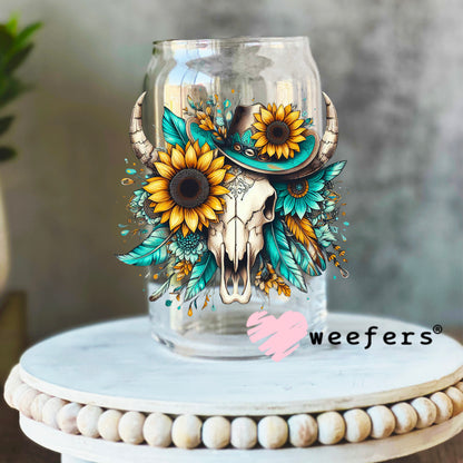 Bougie Sunflower Cow Skull Western UV DTF Decal 16oz Libbey Glass Original Size Weefers