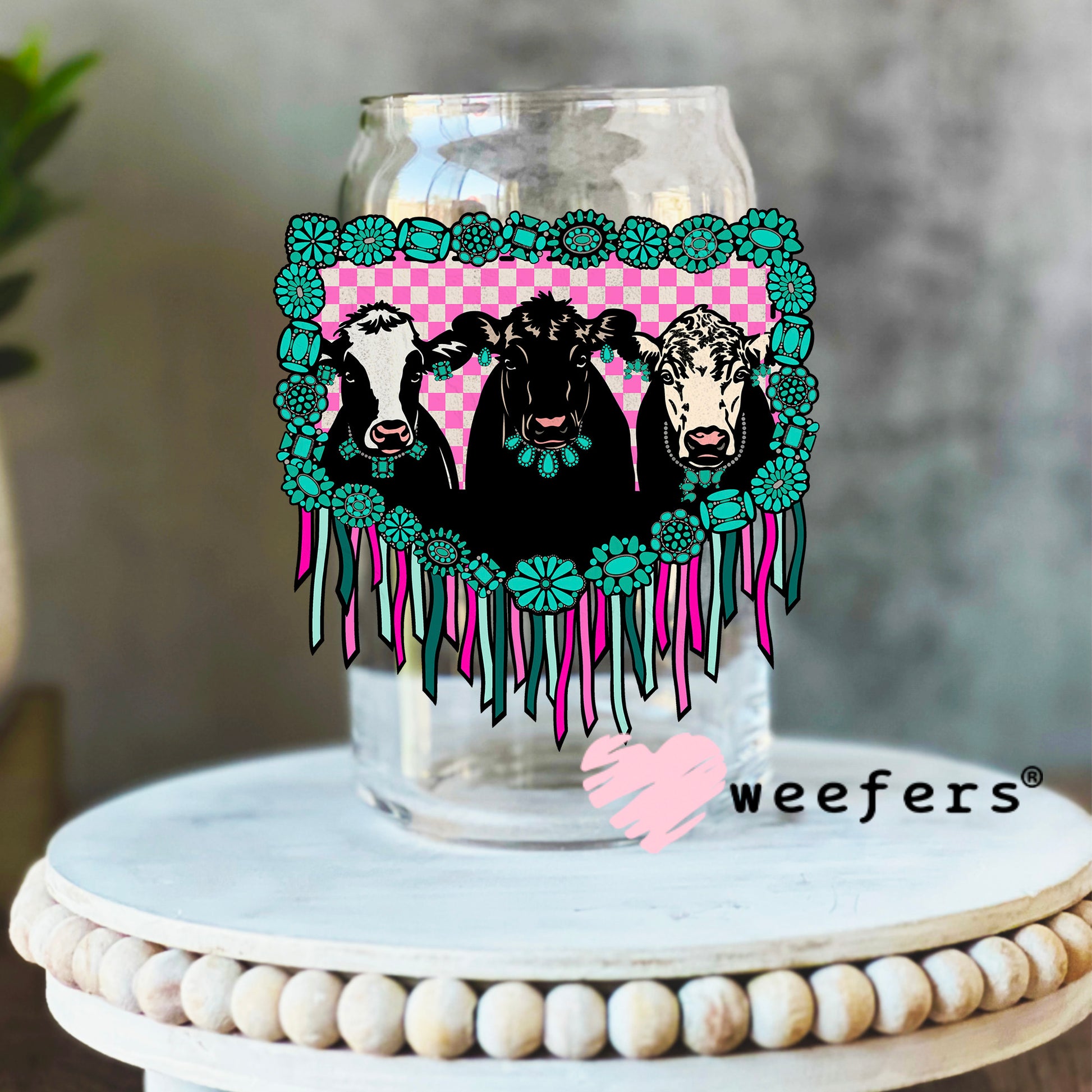 Fringe Cow Friends Western UV DTF Decal 16oz Libbey Glass Original Size Weefers