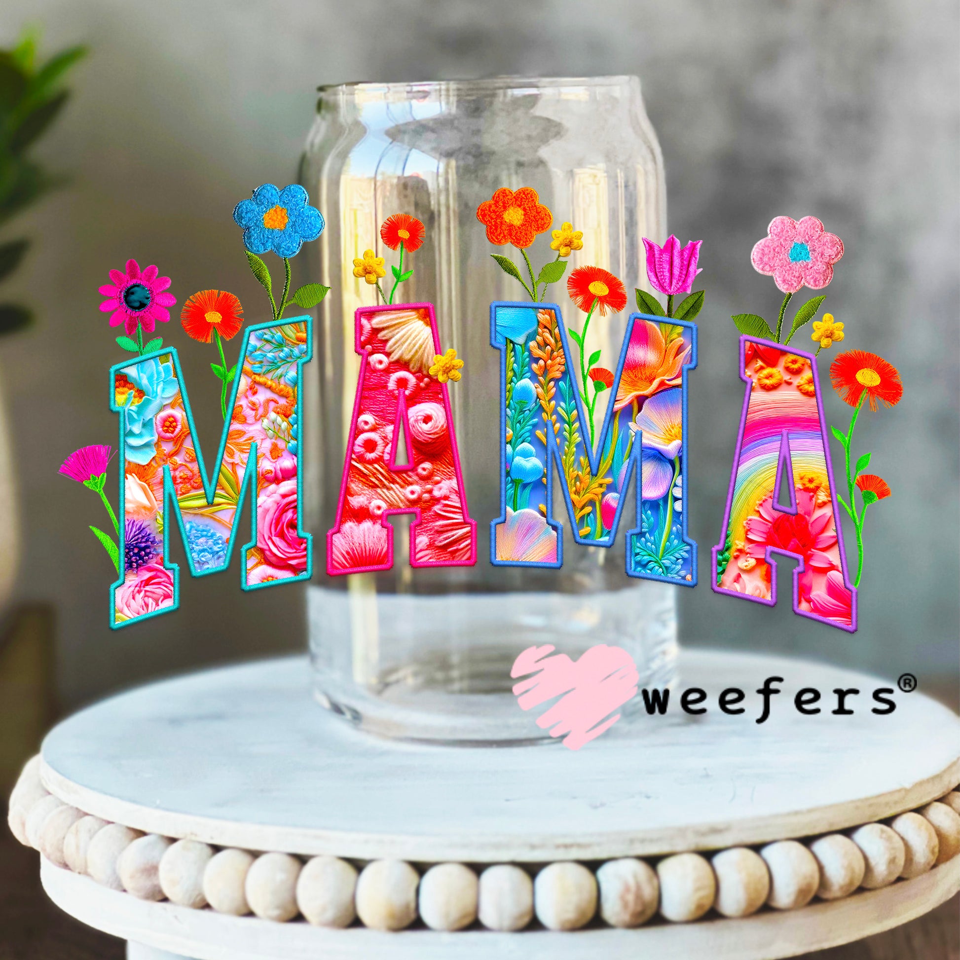 Mama Colorful Wildflowers UV DTF Decal 16oz Libbey Glass Original Size Weefers
