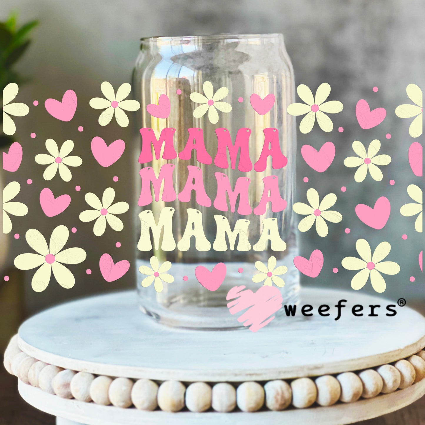 Mama Stacked Pink and Yellow Flowers UV DTF Cup Wrap 16oz Libbey Glass Original Size Weefers