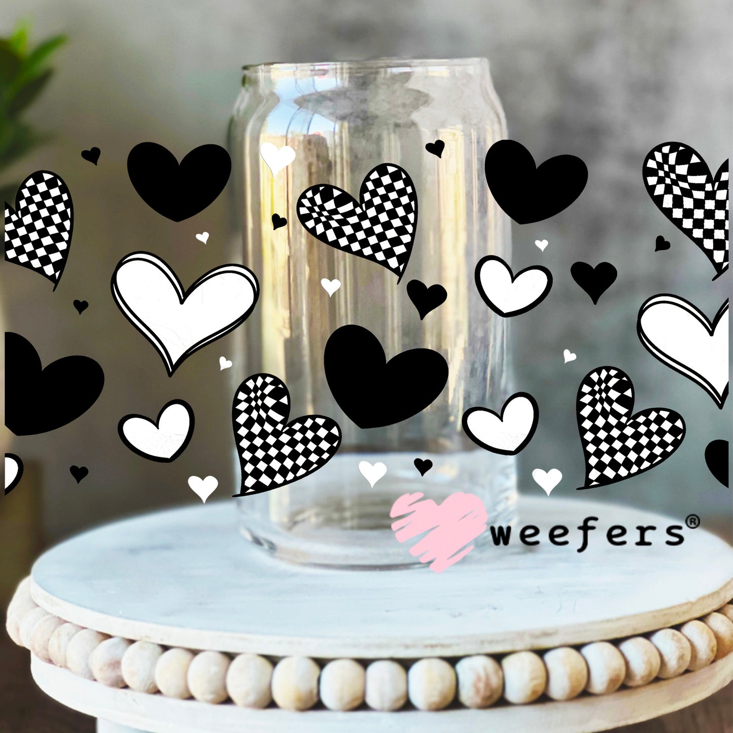 Black and White Checkered Hearts UV DTF Cup Wrap 16oz Libbey Glass Original Size Weefers