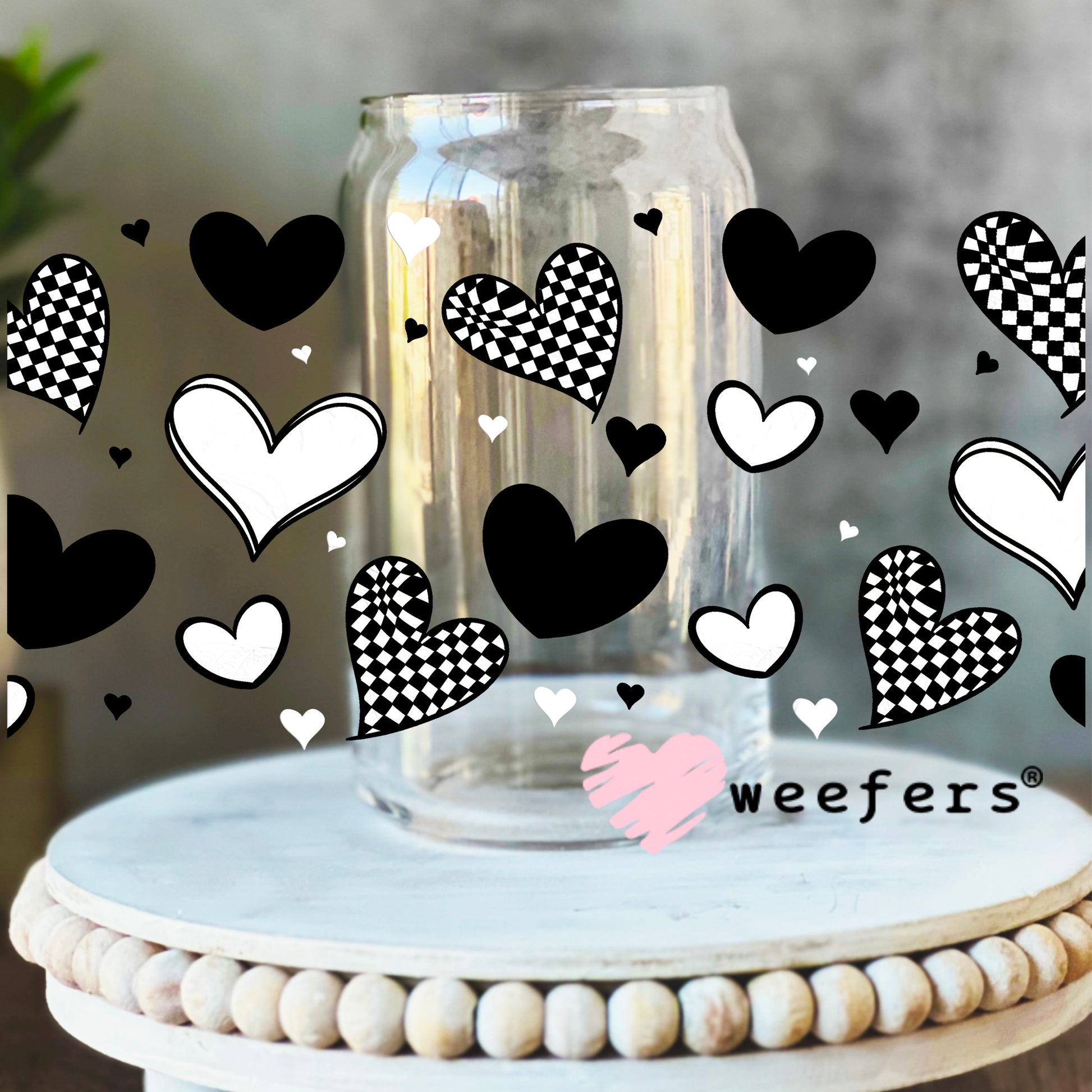 Black and White Checkered Hearts UV DTF Cup Wrap 16oz Libbey Glass Original Size Weefers
