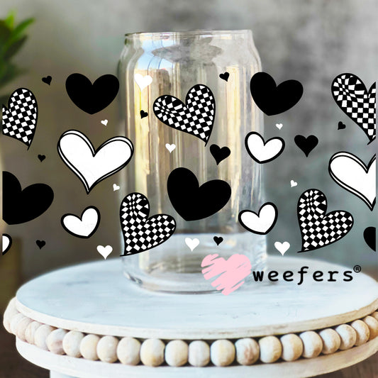 Black and White Checkered Hearts UV DTF Cup Wrap 16oz Libbey Glass Original Size Weefers