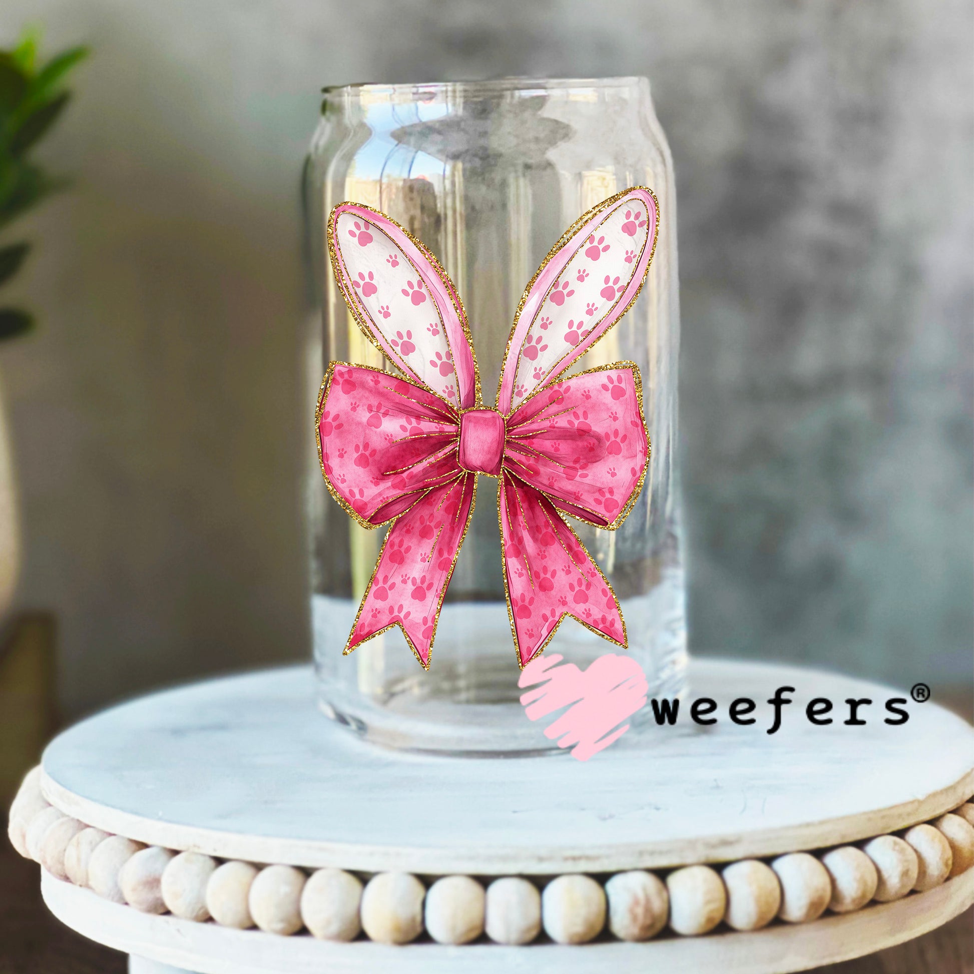 Easter Bunny Ears Coquette Pink Bows UV DTF Decal 16oz Libbey Glass Original Size Weefers