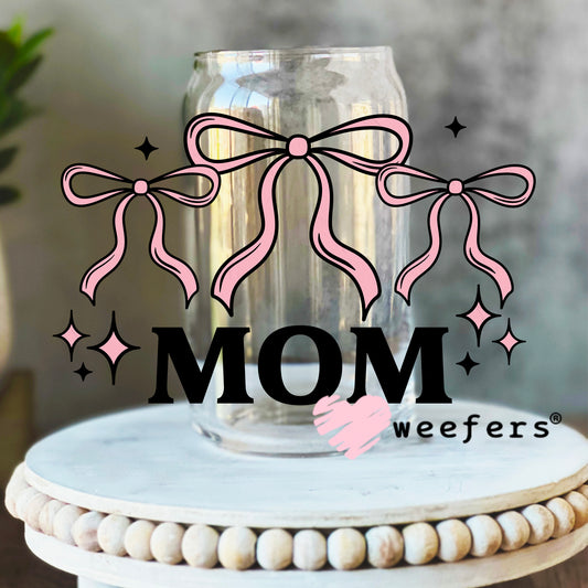 Mom Coquette Pink Bows UV DTF Decal 16oz Libbey Glass Original Size Weefers