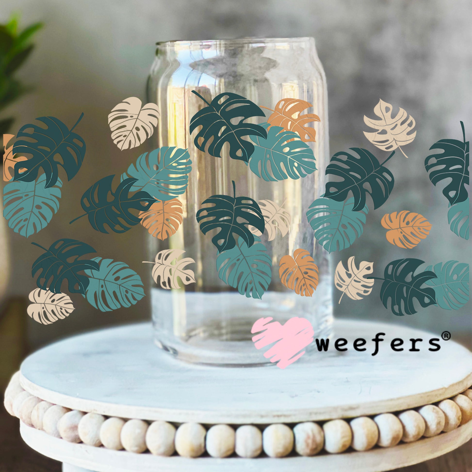 Monstera Leaves UV DTF Cup Wrap 16oz Libbey Glass Original Size Weefers
