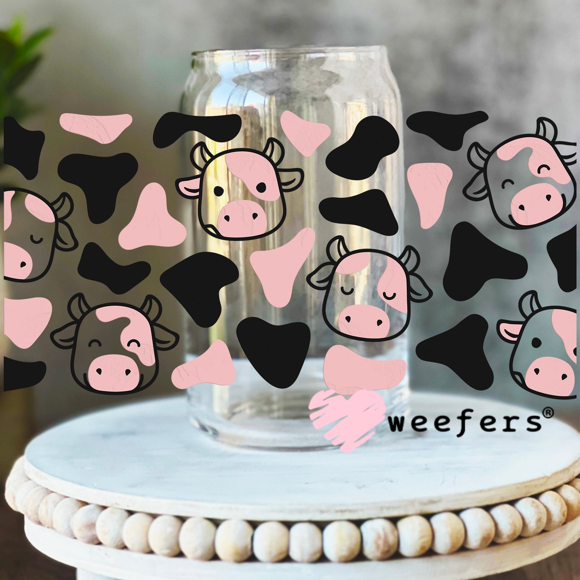 Pink and Black Cow Faces Print UV DTF Cup Wrap 16oz Libbey Glass Original Size Weefers