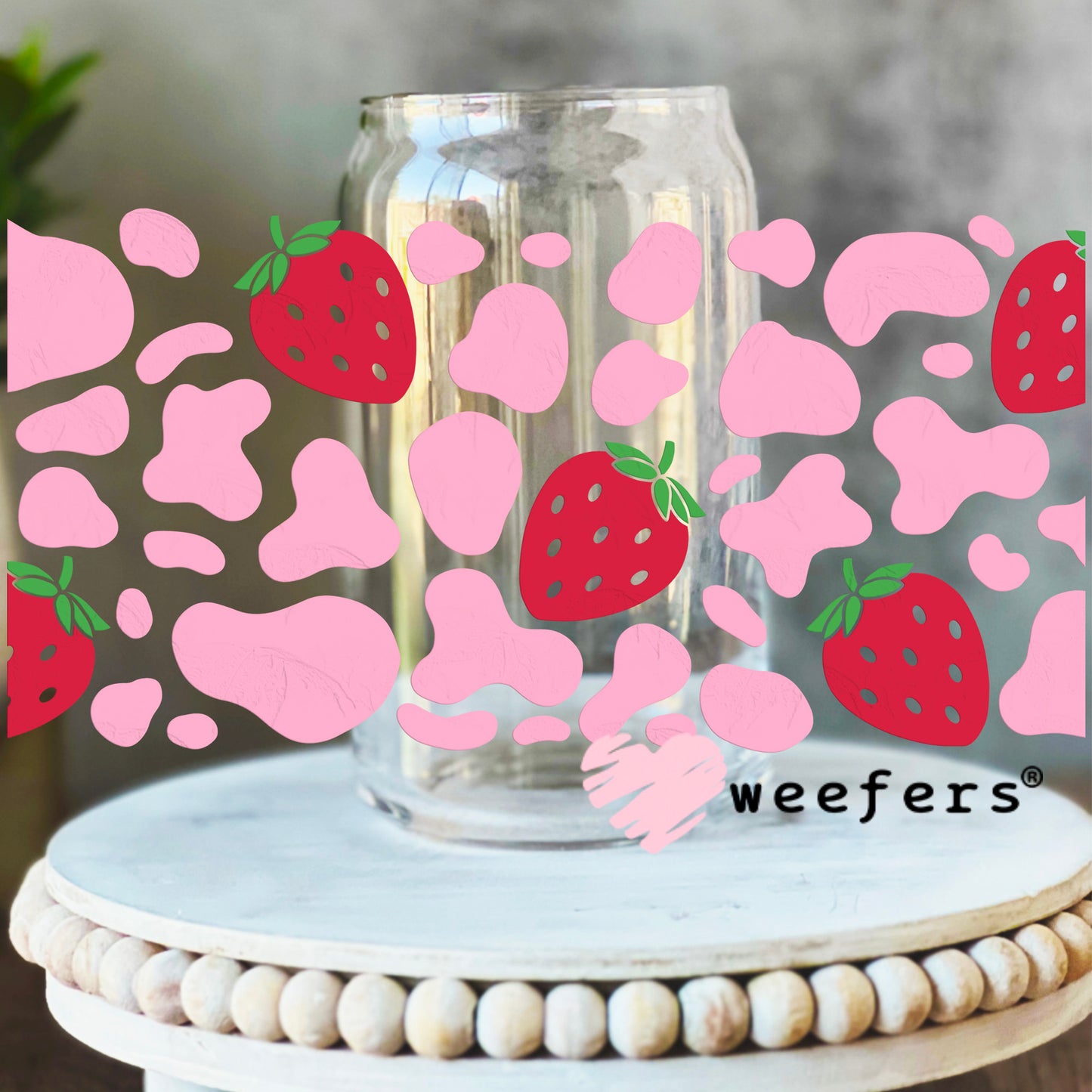 Pink Cow Print and Strawberries UV DTF Cup Wrap 16oz Libbey Glass Original Size Weefers