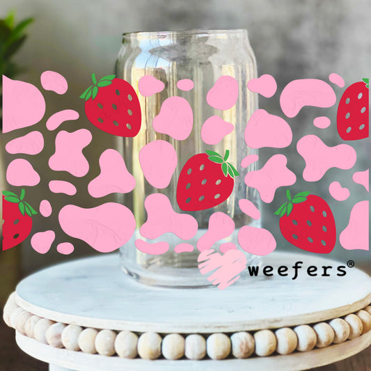 Pink Cow Print and Strawberries UV DTF Cup Wrap 16oz Libbey Glass Original Size Weefers