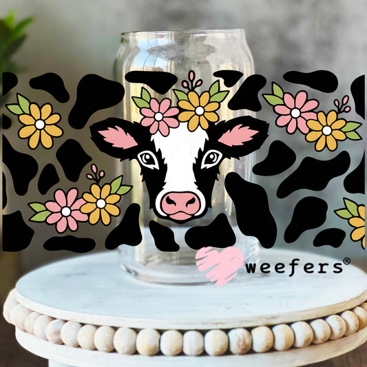 Dairy Cow Black Print with Flowers UV DTF Cup Wrap 16oz Libbey Glass Original Size Weefers