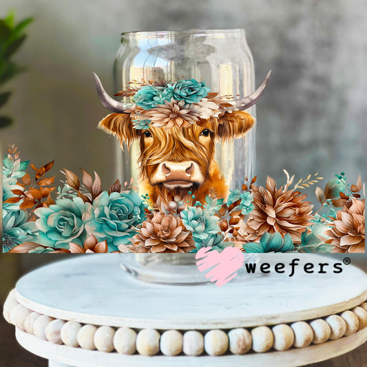Teal and Brown Highlander Cow UV DTF Cup Wrap 16oz Libbey Glass Original Size Weefers