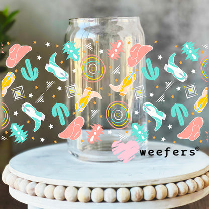 Pink and Teal Cowgirl Favorite Things UV DTF Cup Wrap 16oz Libbey Glass Original Size Weefers