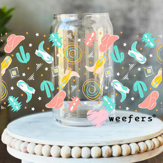 Pink and Teal Cowgirl Favorite Things UV DTF Cup Wrap 16oz Libbey Glass Original Size Weefers