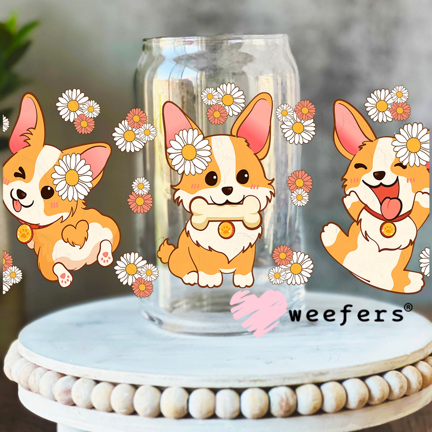 Cutie Corgi Friends UV DTF Cup Wrap 16oz Libbey Glass Original Size Weefers