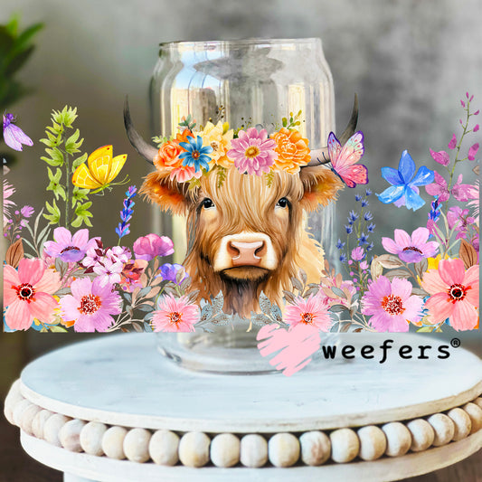 Pink and Purple Wildflowers Highlander Cow UV DTF Cup Wrap 16oz Libbey Glass Original Size Weefers
