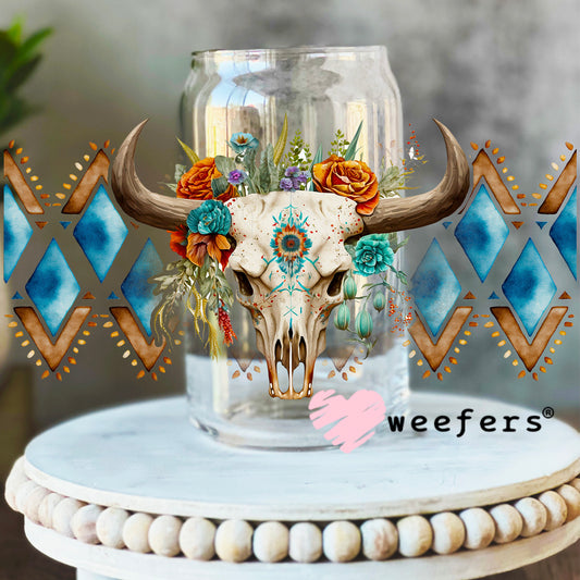Aztec Blue Rust Cow Skull Western UV DTF Cup Wrap 16oz Libbey Glass Original Size Weefers