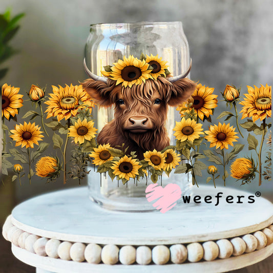 Sunflower Highlander Cow Western UV DTF Cup Wrap 16oz Libbey Glass Original Size Weefers