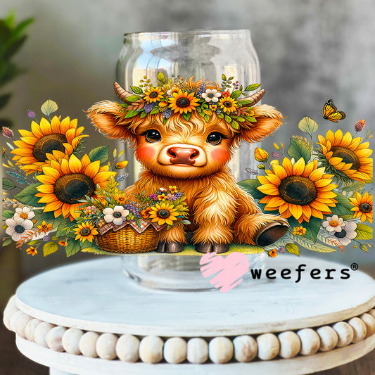 Sunflower Baby Highlander Cow Western UV DTF Cup Wrap 16oz Libbey Glass Original Size Weefers