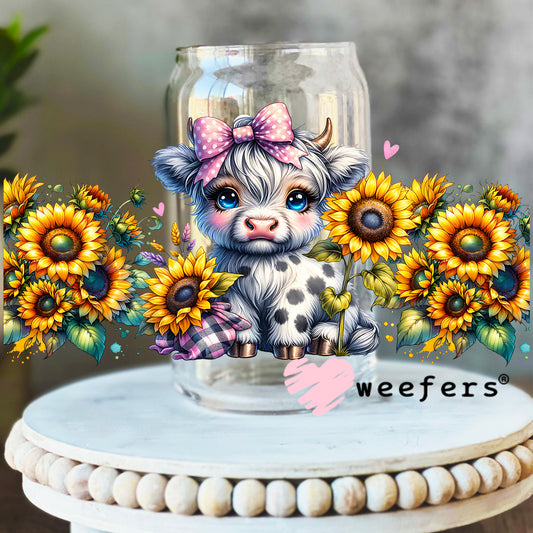 Sunflower Baby Pink Black Highlander Cow Western UV DTF Cup Wrap 16oz Libbey Glass Original Size Weefers
