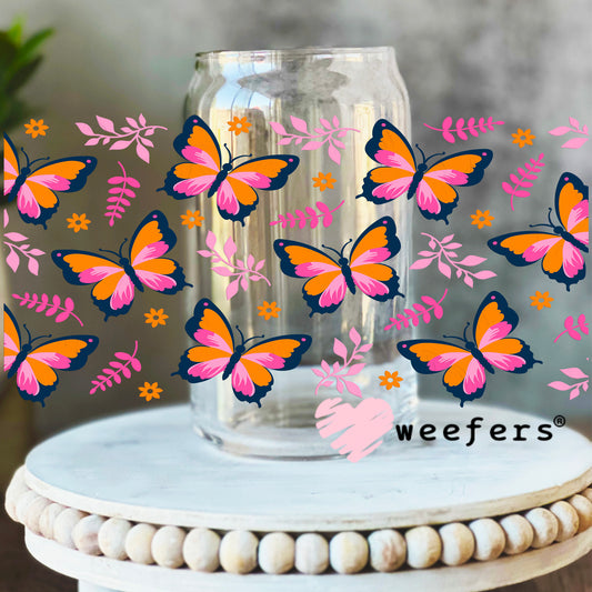 Blue Orange and Pink Butterflies UV DTF Cup Wrap 16oz Libbey Glass Original Size Weefers