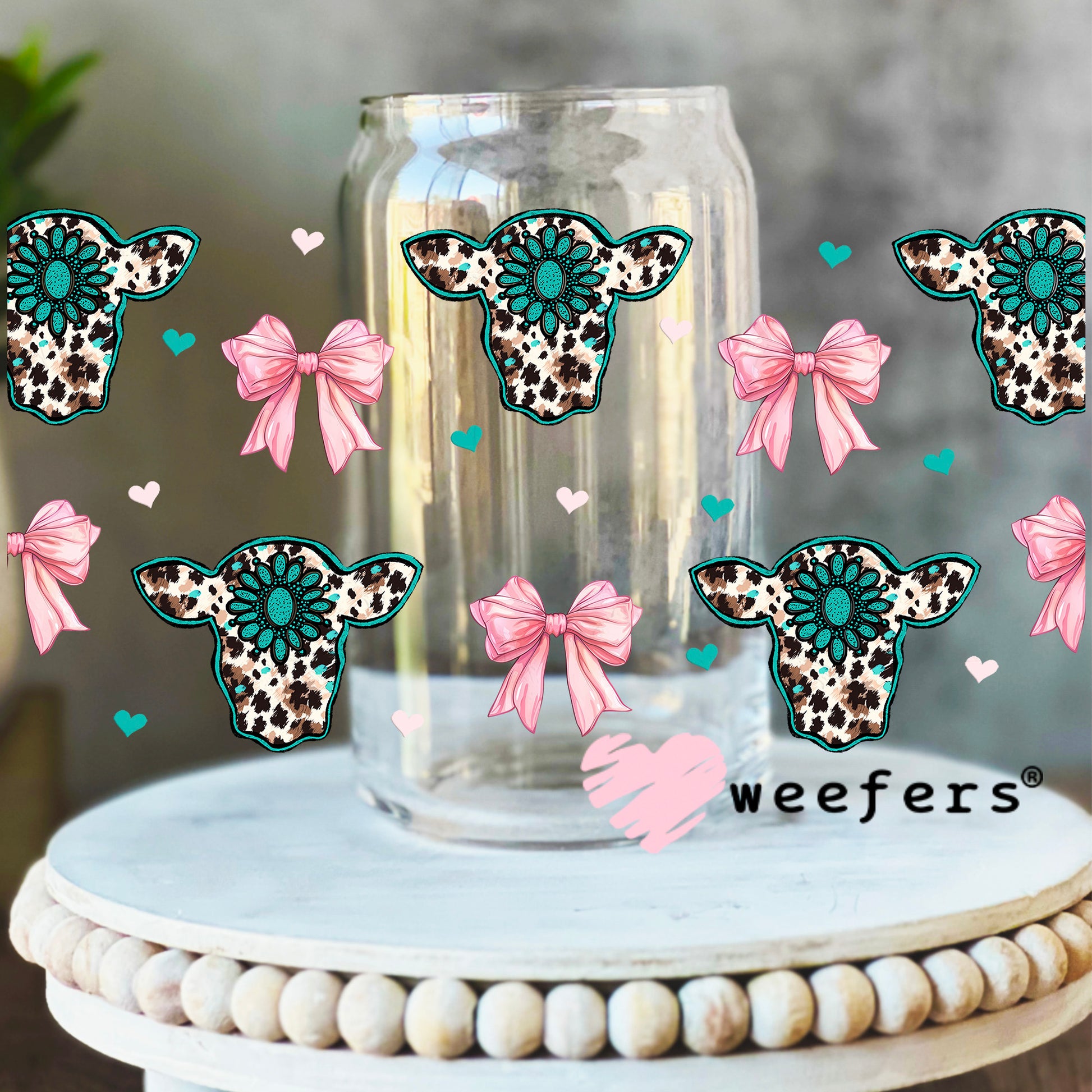 Turquoise Cow Heads and Pink Bows UV DTF Cup Wrap 16oz Libbey Glass Original Size Weefers
