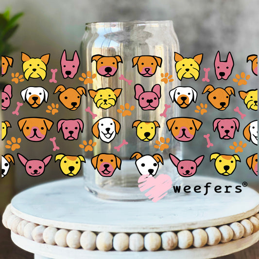 Dog Head Friends Orange and Yellow UV DTF Cup Wrap 16oz Libbey Glass Original Size Weefers