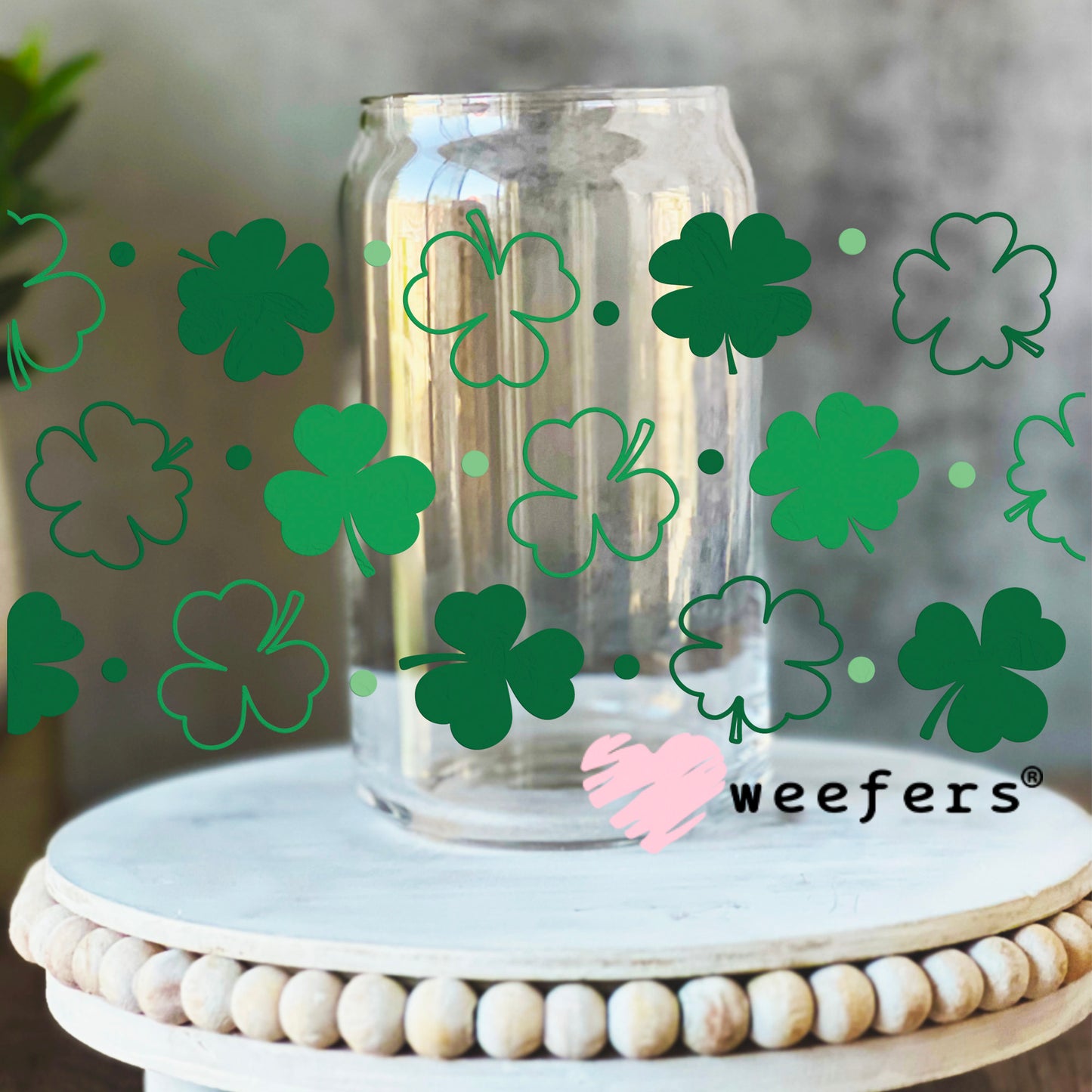 Green Clovers UV DTF Cup Wrap 16oz Libbey Glass Original Size Weefers