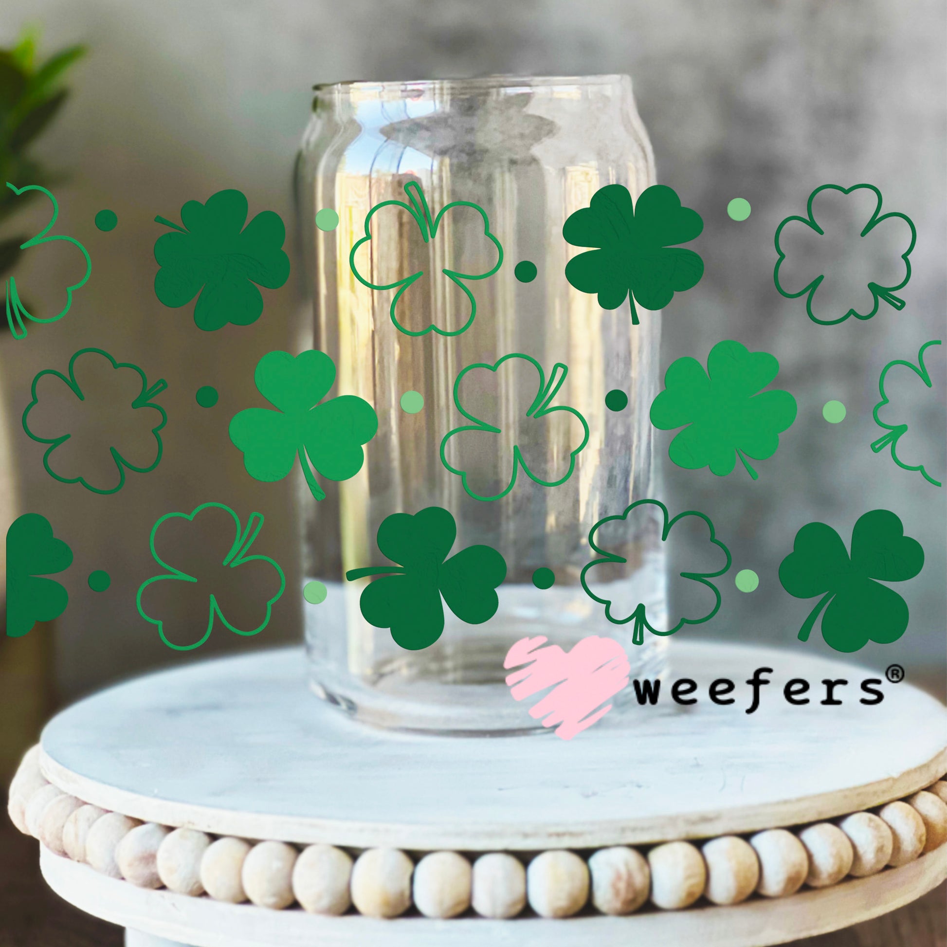 Green Clovers UV DTF Cup Wrap 16oz Libbey Glass Original Size Weefers