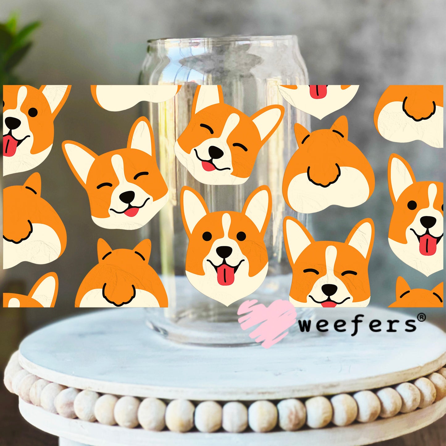 Smiling Corgi faces UV DTF Cup Wrap 16oz Libbey Glass Original Size Weefers