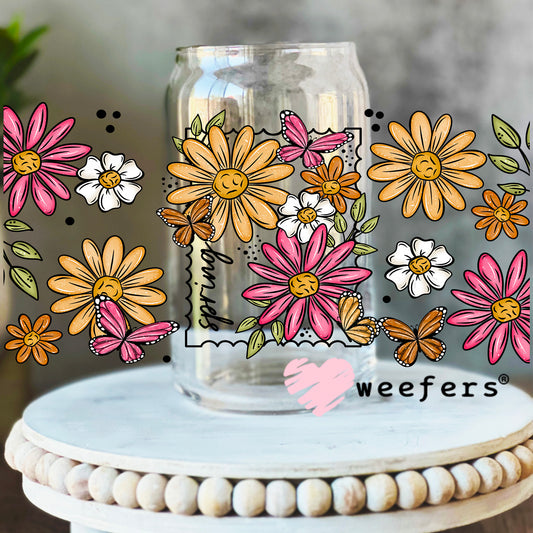 Spring Pink and Orange Flowers UV DTF Cup Wrap 16oz Libbey Glass Original Size Weefers