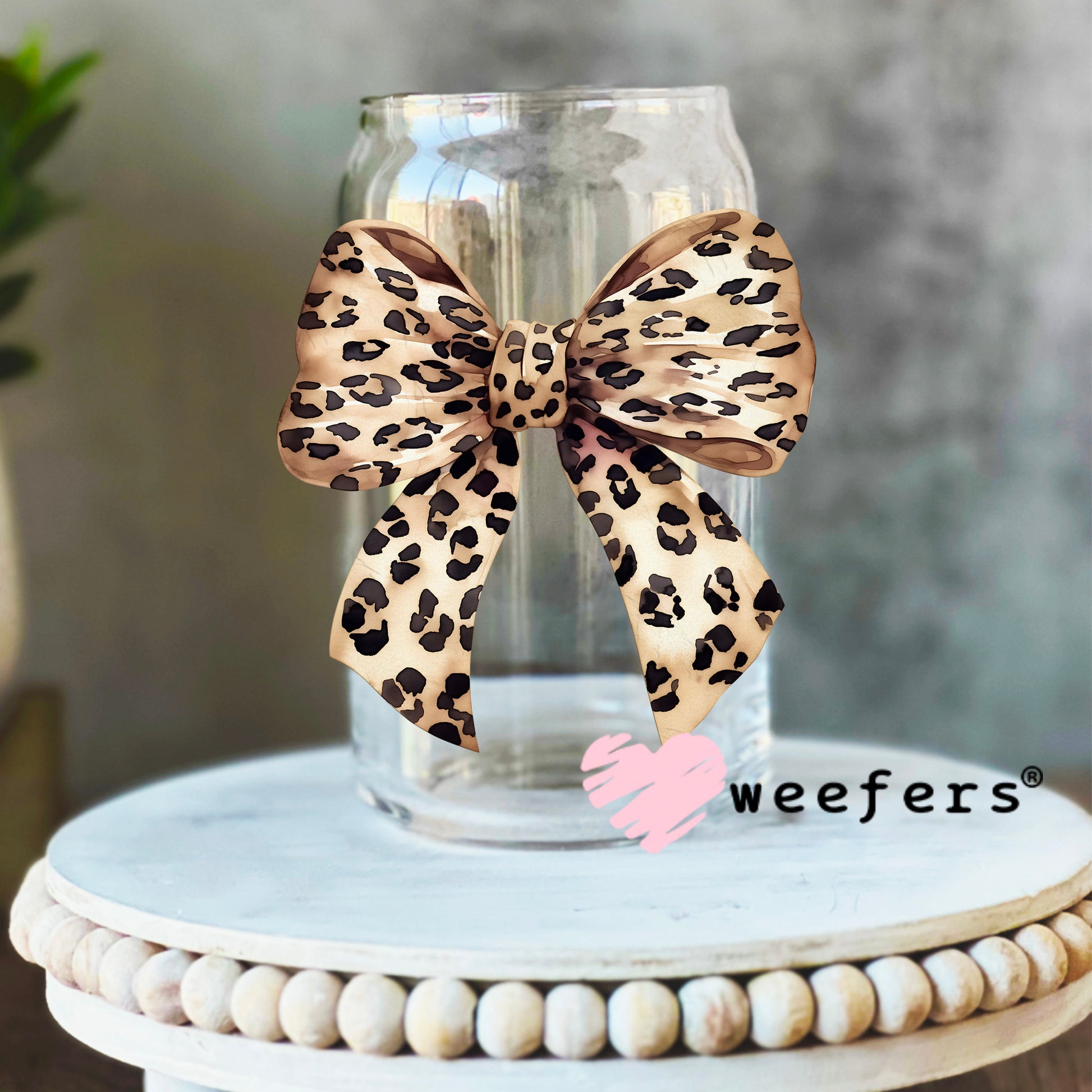 Leopard Beige Bow UV DTF Decal 16oz Libbey Glass Original Size Weefers