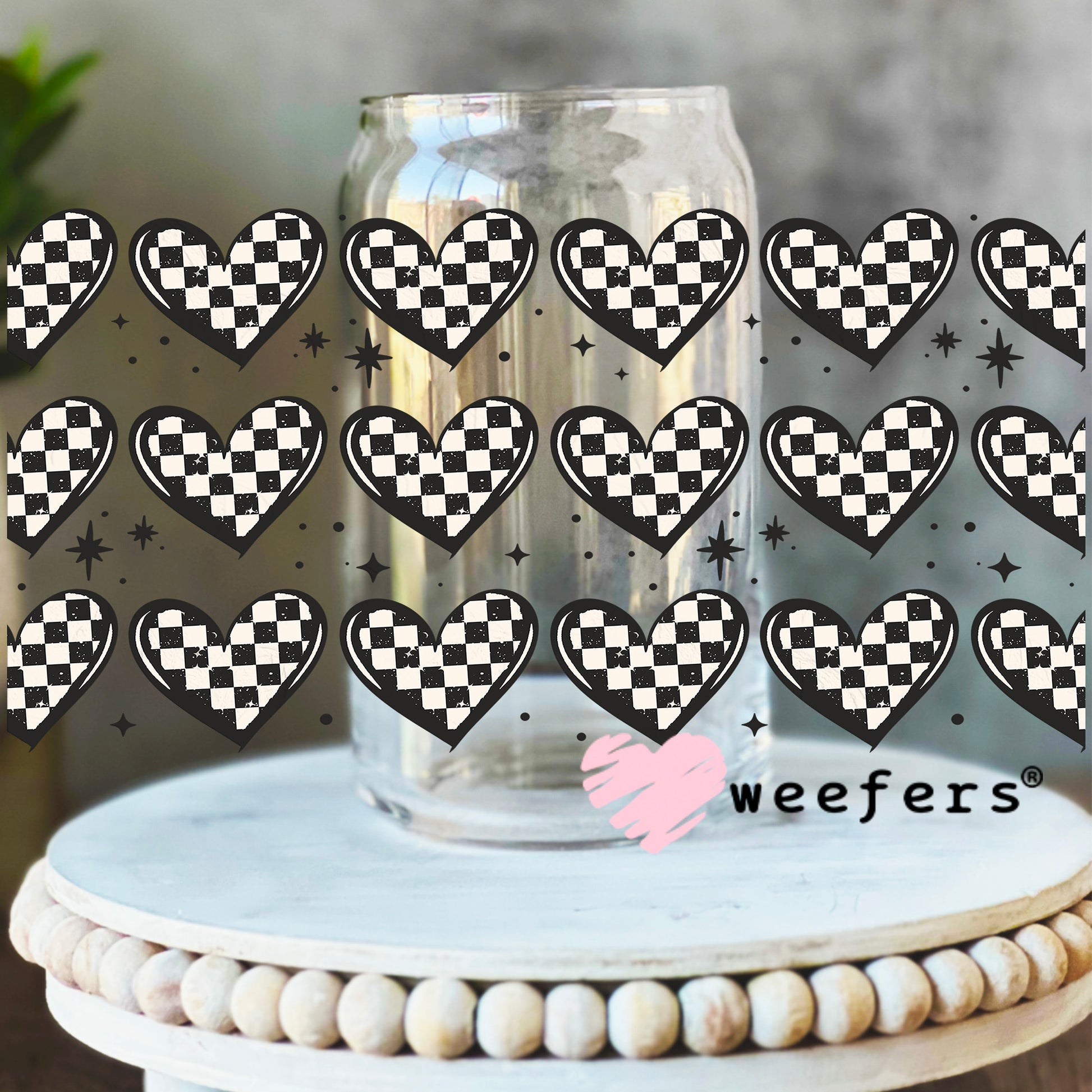 Checkered Hearts UV DTF Cup Wrap 16oz Libbey Glass Original Size Weefers