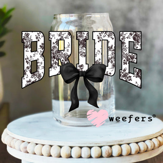 Bride Black Toile Coquette Bow UV DTF Decal 16oz Libbey Glass Original Size Weefers
