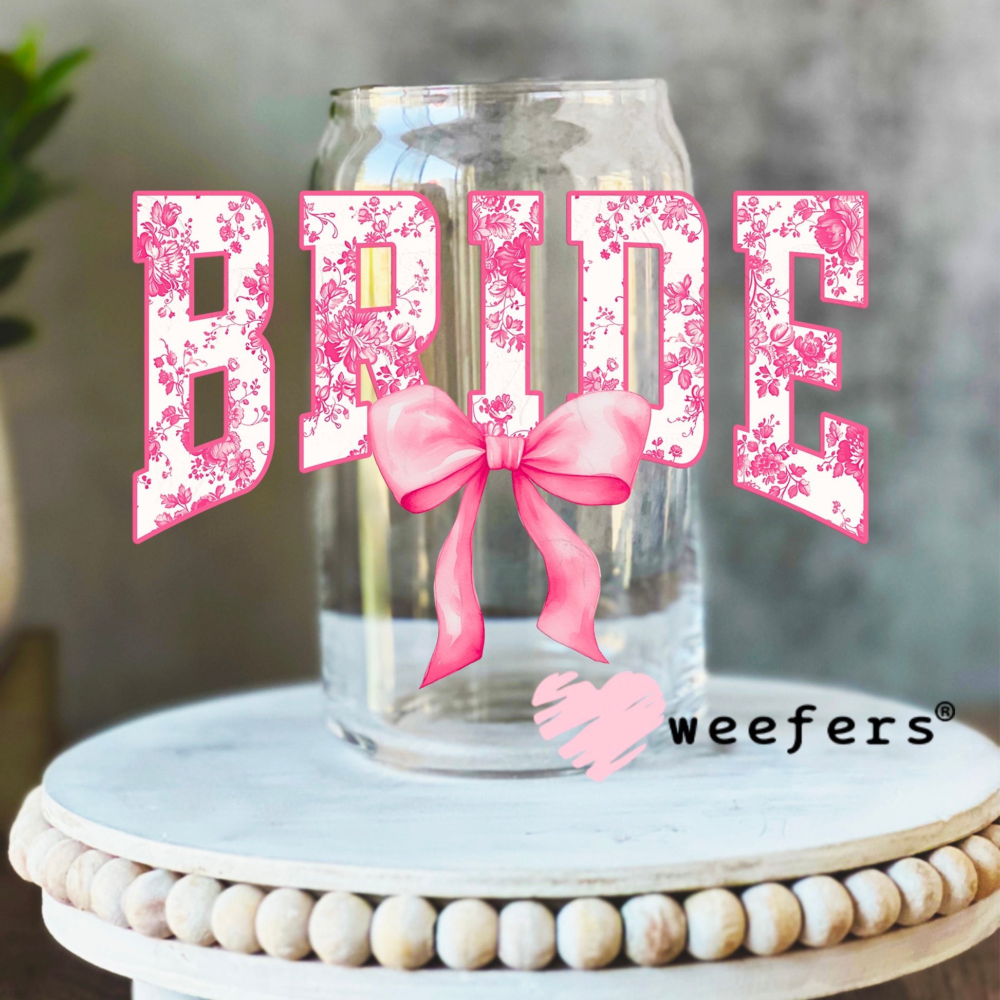 Bride Pink Toile Coquette Bow UV DTF Decal 16oz Libbey Glass Original Size Weefers