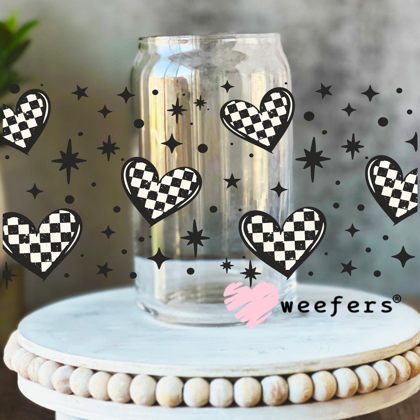 Checkered Hearts 2 UV DTF Cup Wrap 16oz Libbey Glass Original Size Weefers