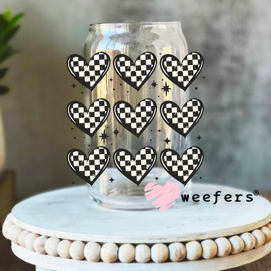 Checkered Hearts UV DTF Decal 16oz Libbey Glass Original Size Weefers