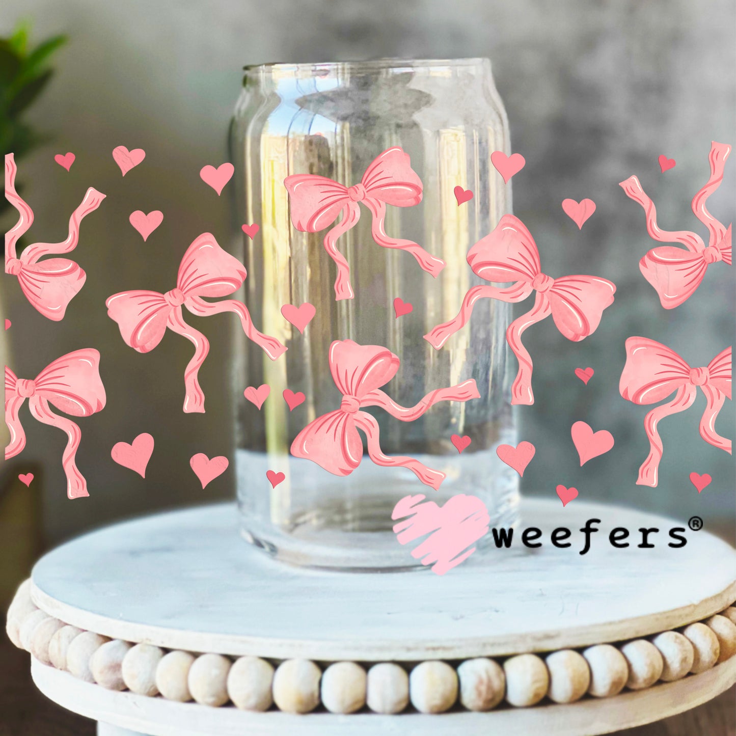 Coquette Bows and Hearts Pink UV DTF Cup Wrap 16oz Libbey Glass Original Size Weefers