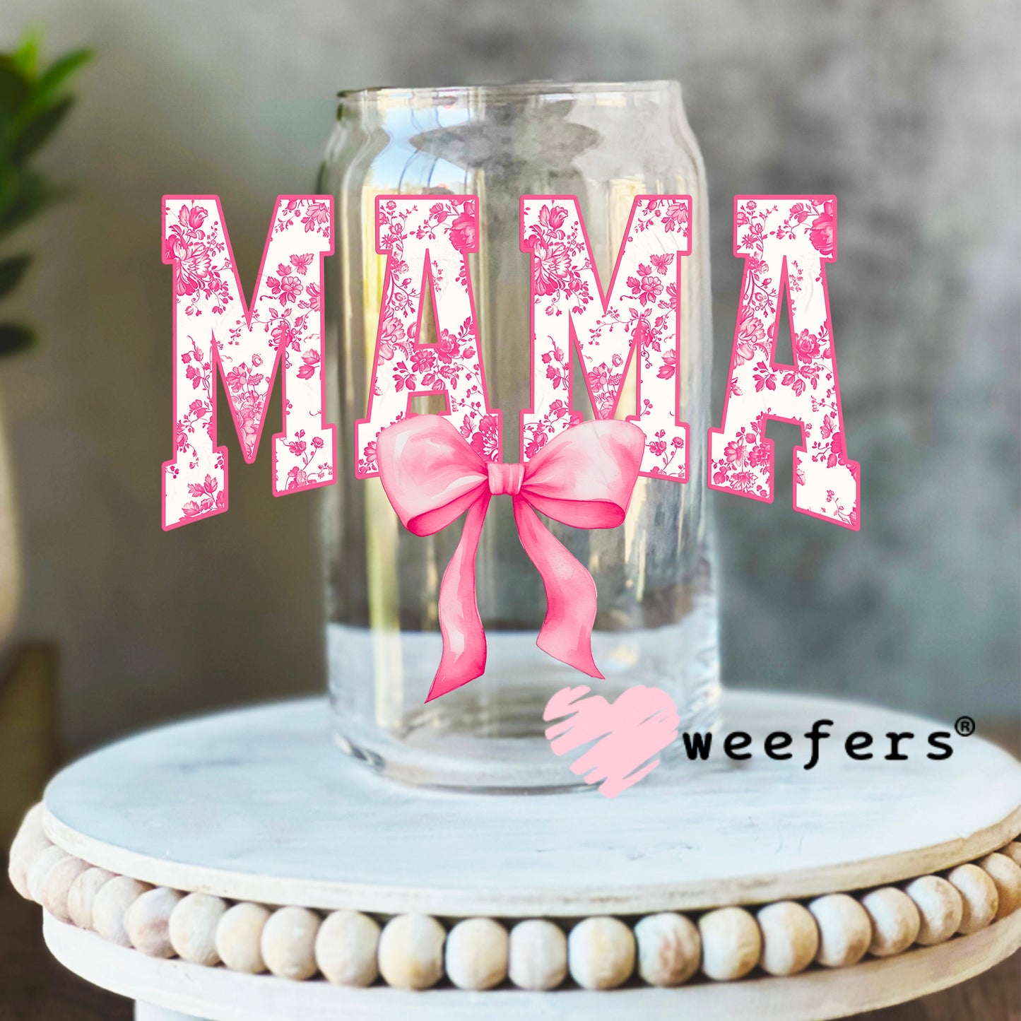 Mama Pink Toile Bow UV DTF Decal 16oz Libbey Glass Original Size Weefers