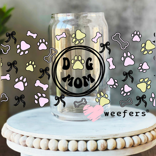 Dog Mom Purple Green Bows UV DTF Cup Wrap 16oz Libbey Glass Original Size Weefers